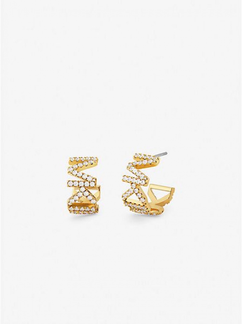 Pendientes Michael Kors 14k Gold-plated Brass Pave Logo Small Hoop Mujer Doradas | 493871-IUD