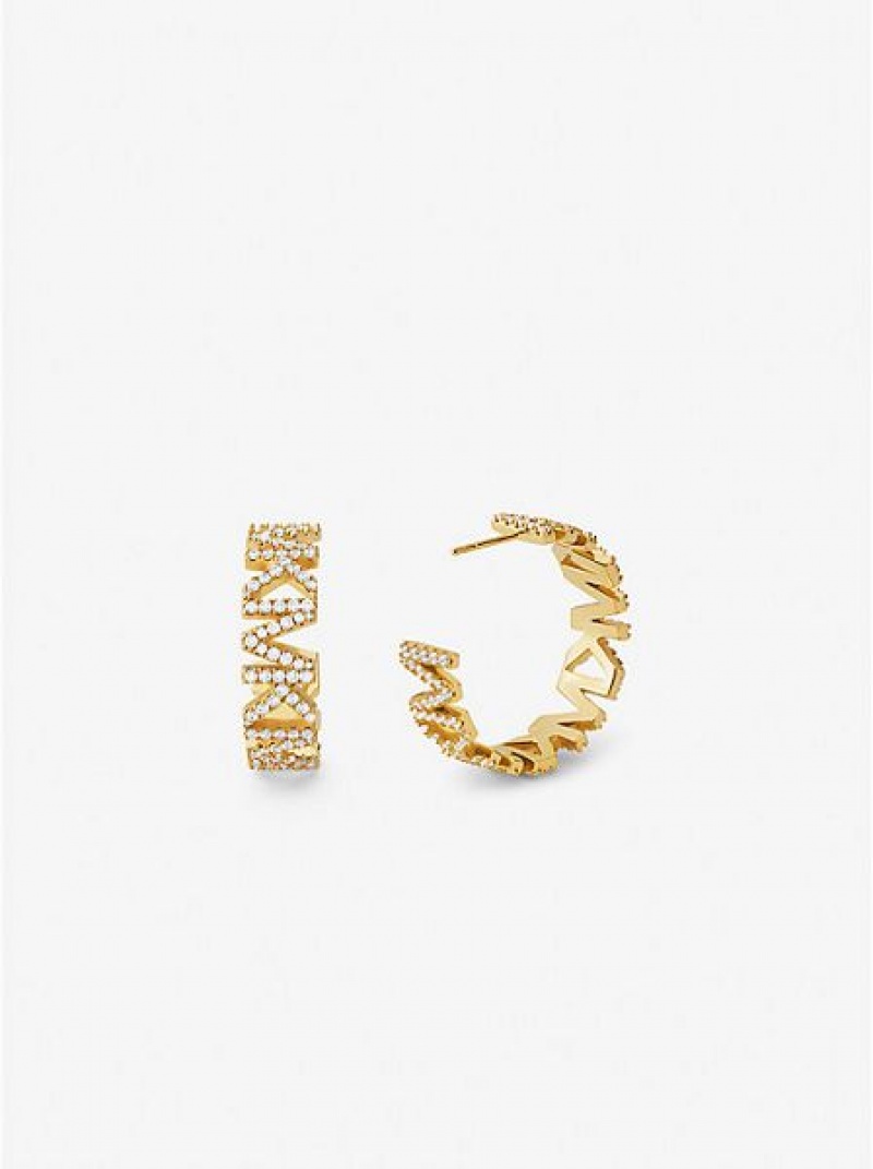 Pendientes Michael Kors 14k Gold-plated Brass Pave Logo Large Hoop Mujer Doradas | 350869-CPK