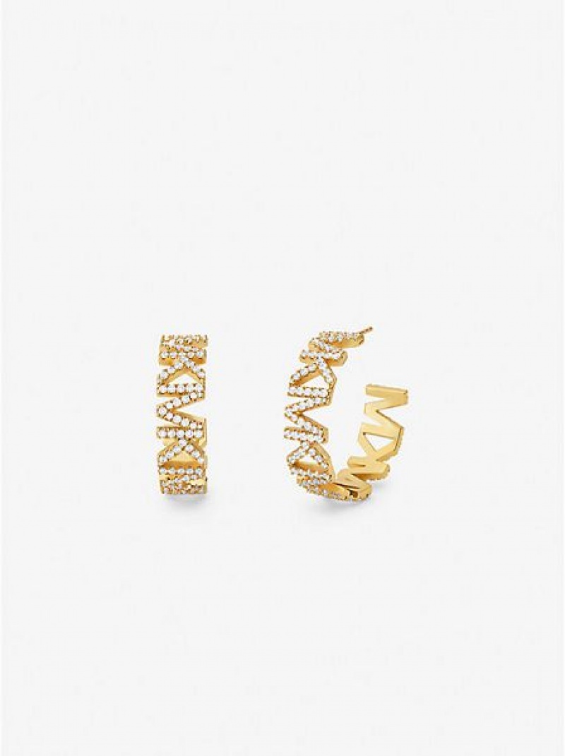 Pendientes Michael Kors 14k Gold-plated Brass Pave Logo Large Hoop Mujer Doradas | 350869-CPK