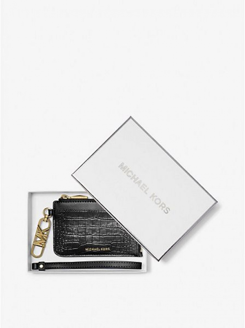 Porta Tarjetas Michael Kors Small Crocodile Embossed Cuero Zip Mujer Negras | 239087-BIH