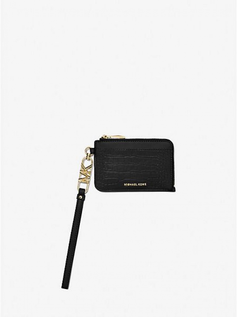 Porta Tarjetas Michael Kors Small Crocodile Embossed Cuero Zip Mujer Negras | 239087-BIH