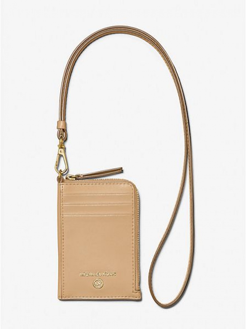 Porta Tarjetas Michael Kors Small Jet Set Charm Cuero Lanyard Mujer Marrones | 675430-DZK