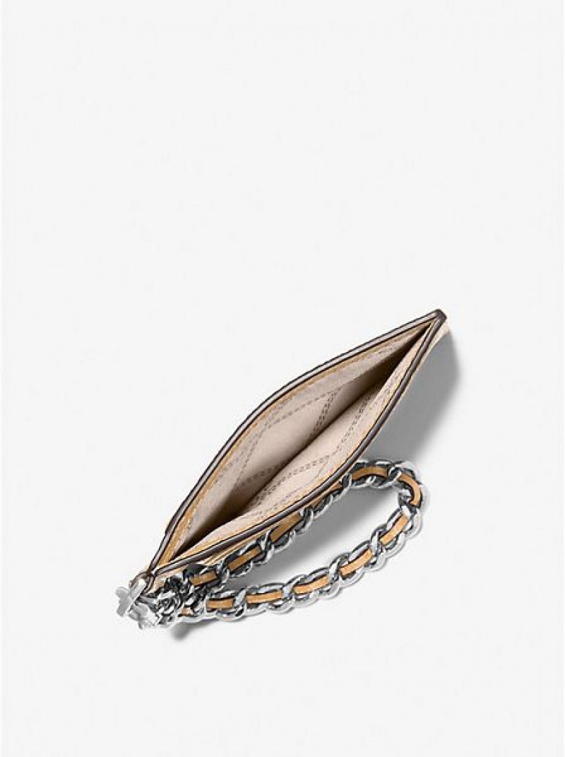 Porta Tarjetas Michael Kors Small Pebbled Cuero Chain Mujer Marrones | 046358-XPR