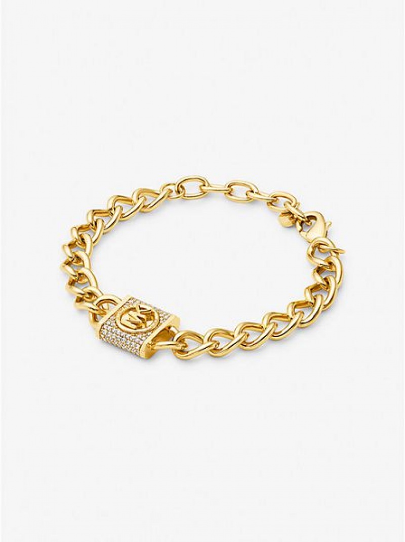 Pulsera Michael Kors 14k Gold-plated Brass Pave Lock Curb Link Mujer Doradas | 371685-JLI