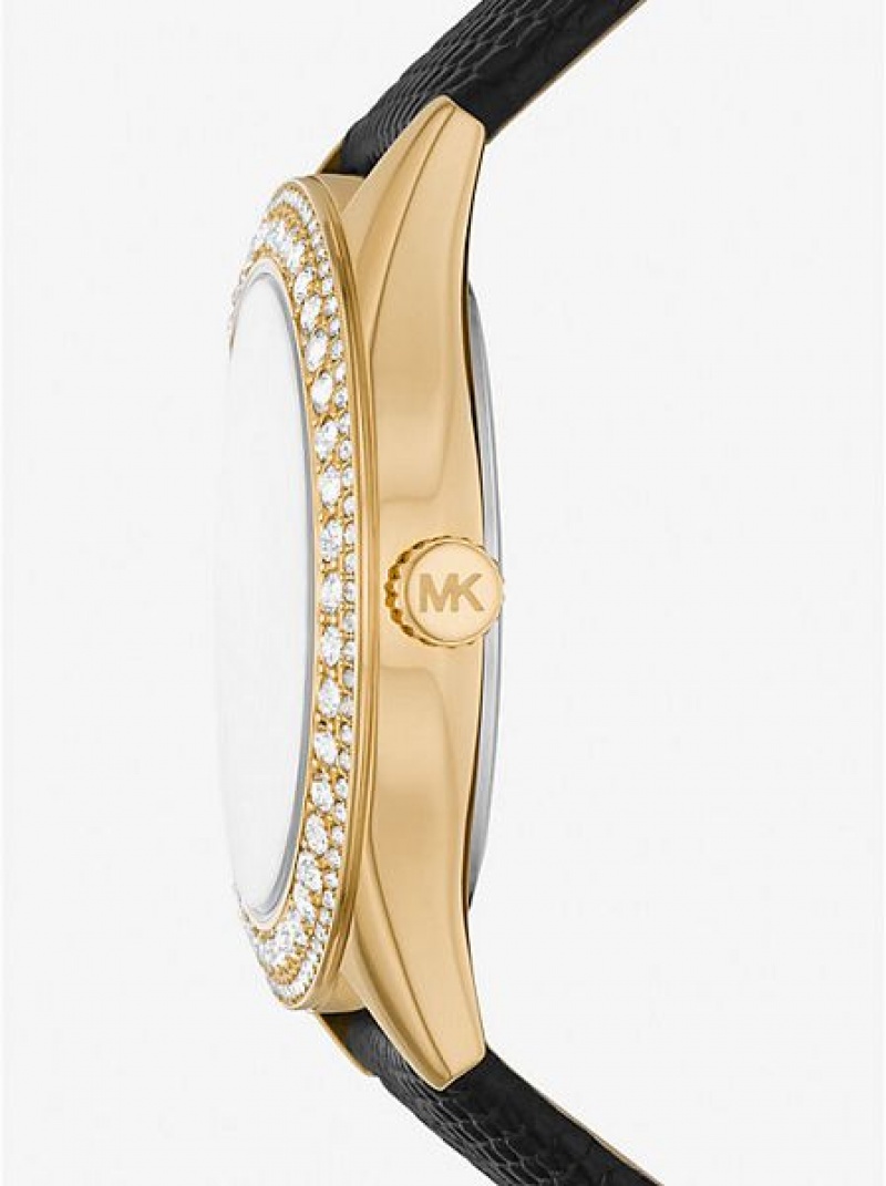 Relojes Michael Kors Harlowe Pave And Lizard Embossed Cuero Correa Mujer Doradas | 196307-KET