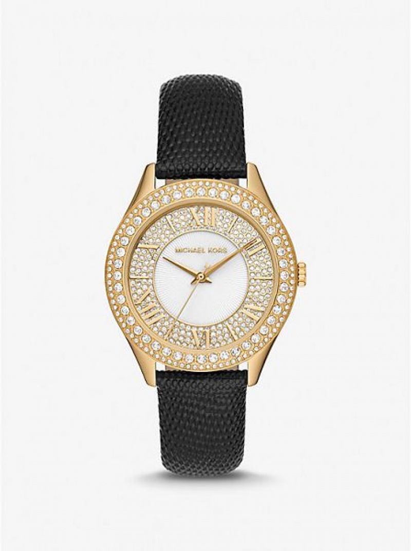 Relojes Michael Kors Harlowe Pave And Lizard Embossed Cuero Correa Mujer Doradas | 196307-KET