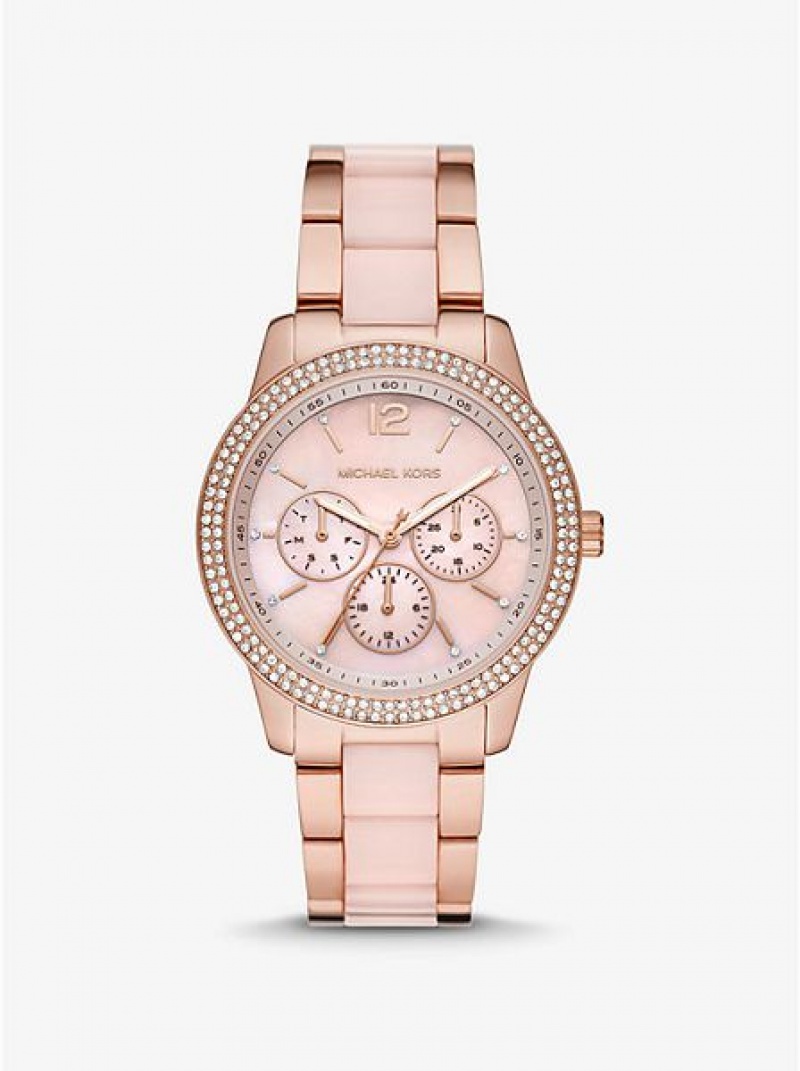 Relojes Michael Kors Oversized Tibby Pave Blush Acetate Mujer Rosas Doradas | 456703-UNC