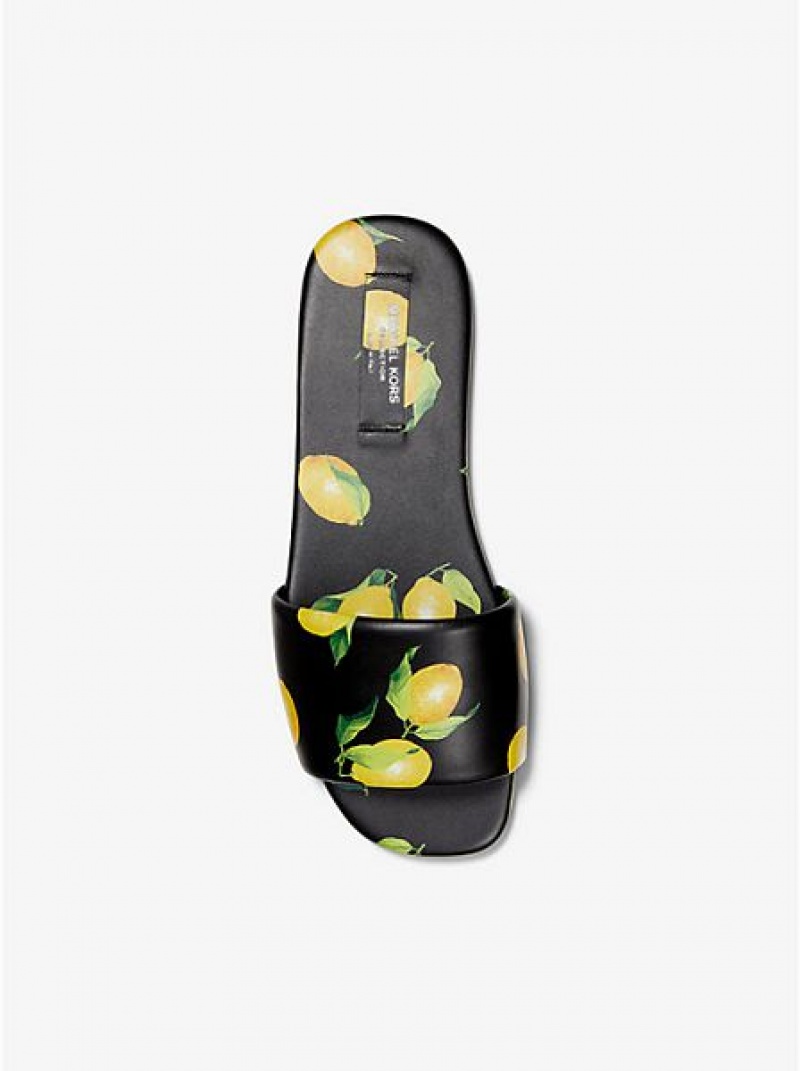 Sandalias Deslizantes Michael Kors Delphine Lemon-print Cuero Mujer Negras | 029875-IDV