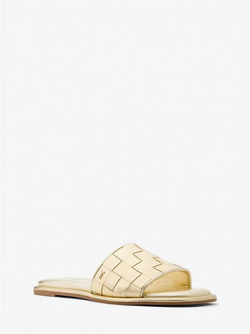 Sandalias Deslizantes Michael Kors Hayworth Woven Metallic Cuero Mujer Doradas | 074956-SRE