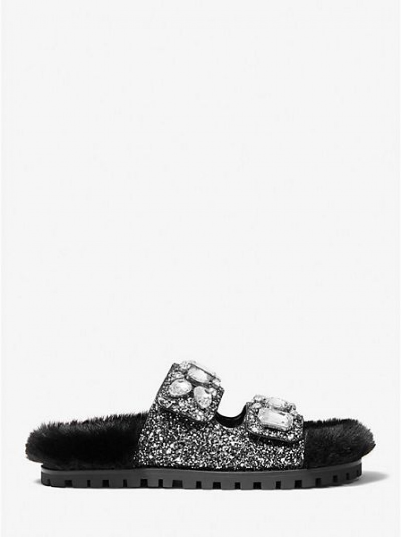 Sandalias Deslizantes Michael Kors Stark Embellished Glitter And Faux Fur Mujer Negras Plateadas | 985731-QRA