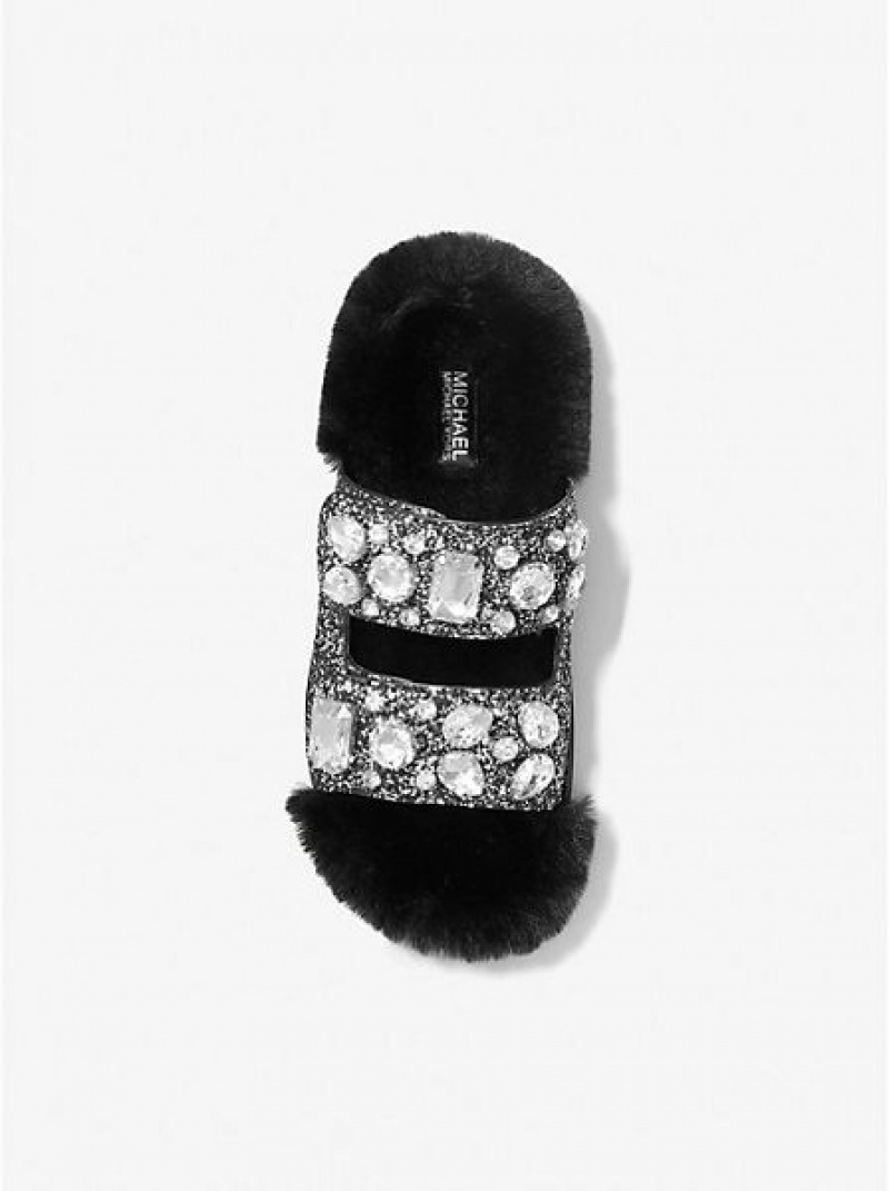 Sandalias Deslizantes Michael Kors Stark Embellished Glitter And Faux Fur Mujer Negras Plateadas | 985731-QRA