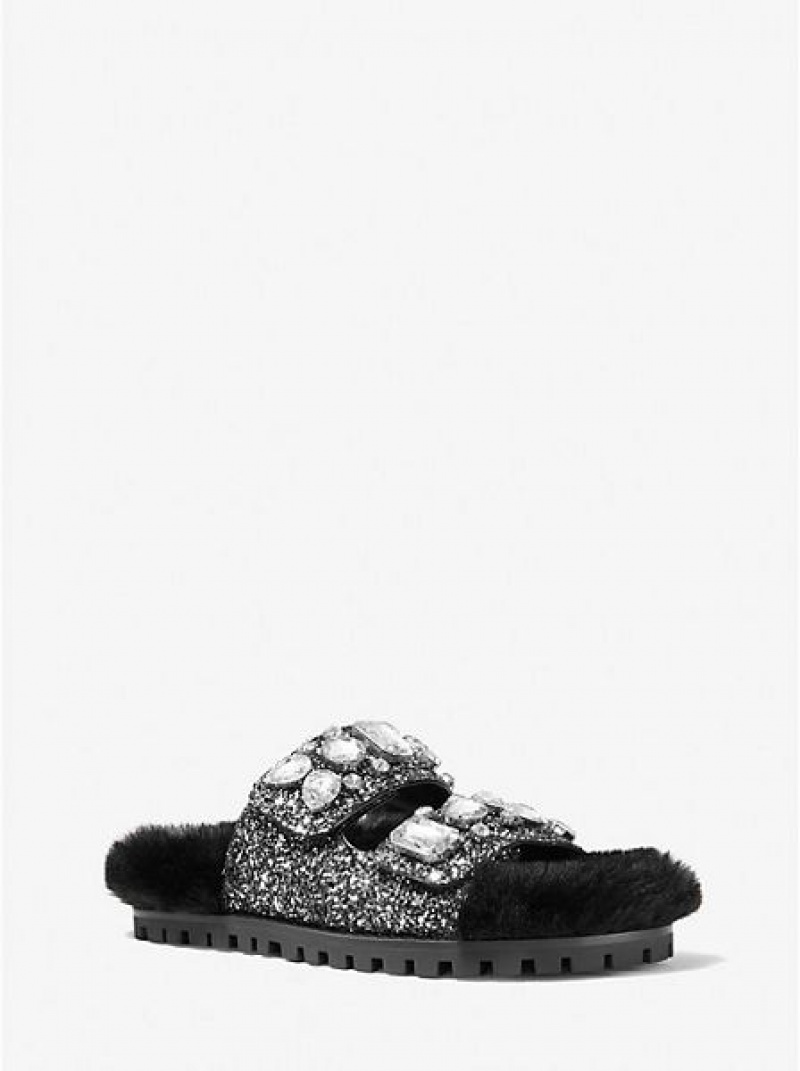 Sandalias Deslizantes Michael Kors Stark Embellished Glitter And Faux Fur Mujer Negras Plateadas | 985731-QRA