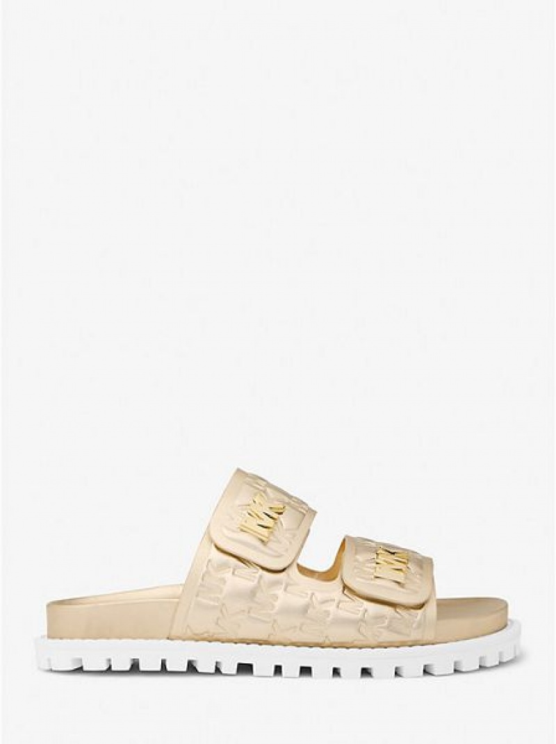 Sandalias Deslizantes Michael Kors Stark Metallic Logo Embossed Faux Cuero Mujer Doradas | 918652-OGN