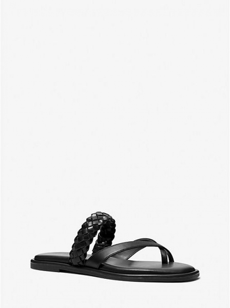 Sandalias Michael Kors Alba Braided Faux Cuero Chanclas Mujer Negras | 562917-WNV