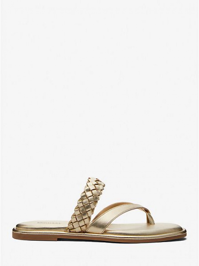 Sandalias Michael Kors Alba Braided Metallic Faux Cuero Chanclas Mujer Doradas | 580713-FNZ