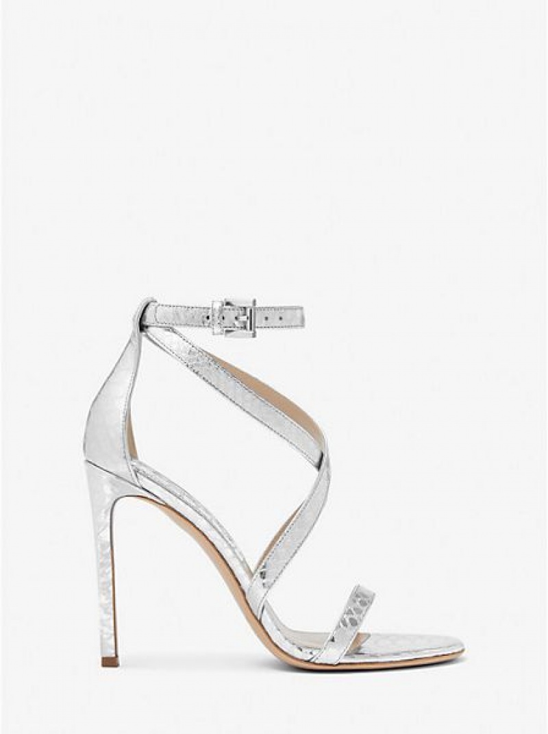 Sandalias Michael Kors Ingrid Metallic Python Embossed Cuero Mujer Plateadas | 854902-JGL