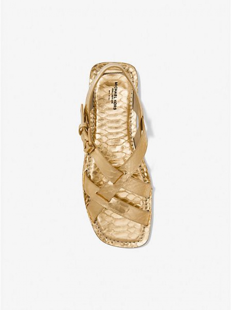 Sandalias Michael Kors Perrine Metallic Python Embossed Cuero Mujer Doradas Marrones | 865410-PVG