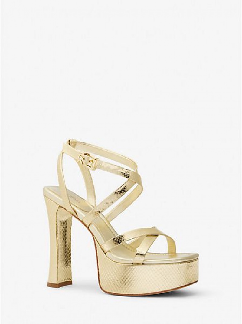 Sandalias Plataforma Michael Kors Paola Metallic Snake Embossed Cuero Mujer Doradas | 961372-JRD