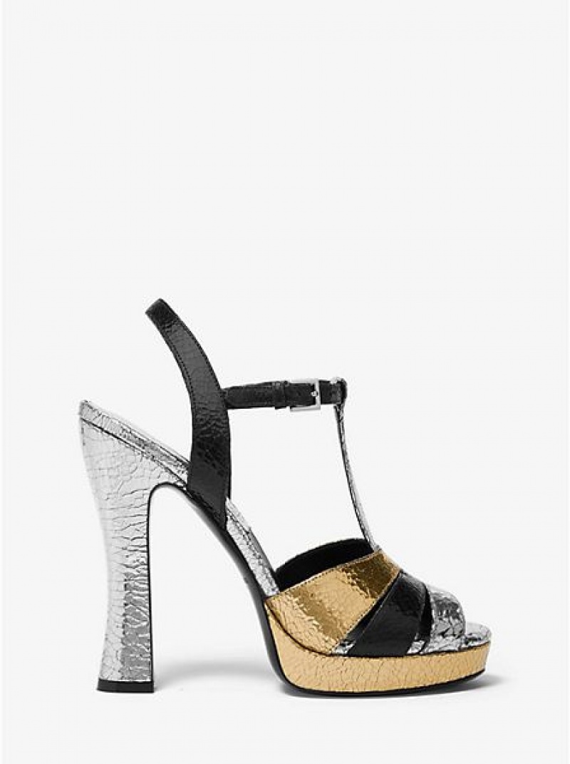 Sandalias Plataforma Michael Kors Rosanna Tri-color Crackled Calf Cuero Mujer Metal | 809352-JFU