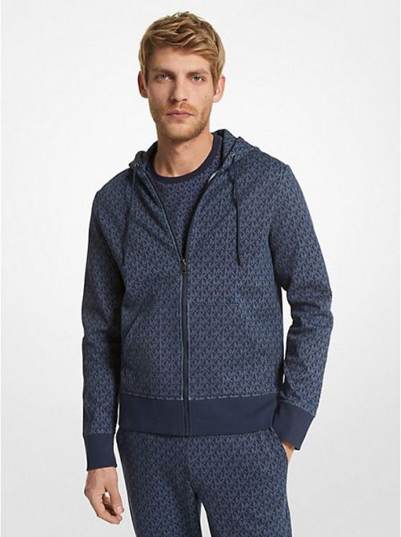 Sudadera Con Capucha Michael Kors Logo Algodon Blend Zip-up Hombre Azul Marino | 816754-SUM