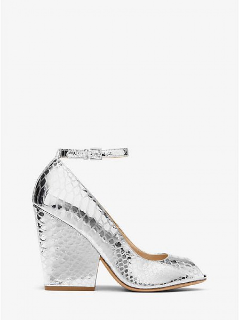 Tacones Michael Kors Julianne Metallic Python-embossed Cuero Peep-toe Mujer Plateadas | 481205-UMZ