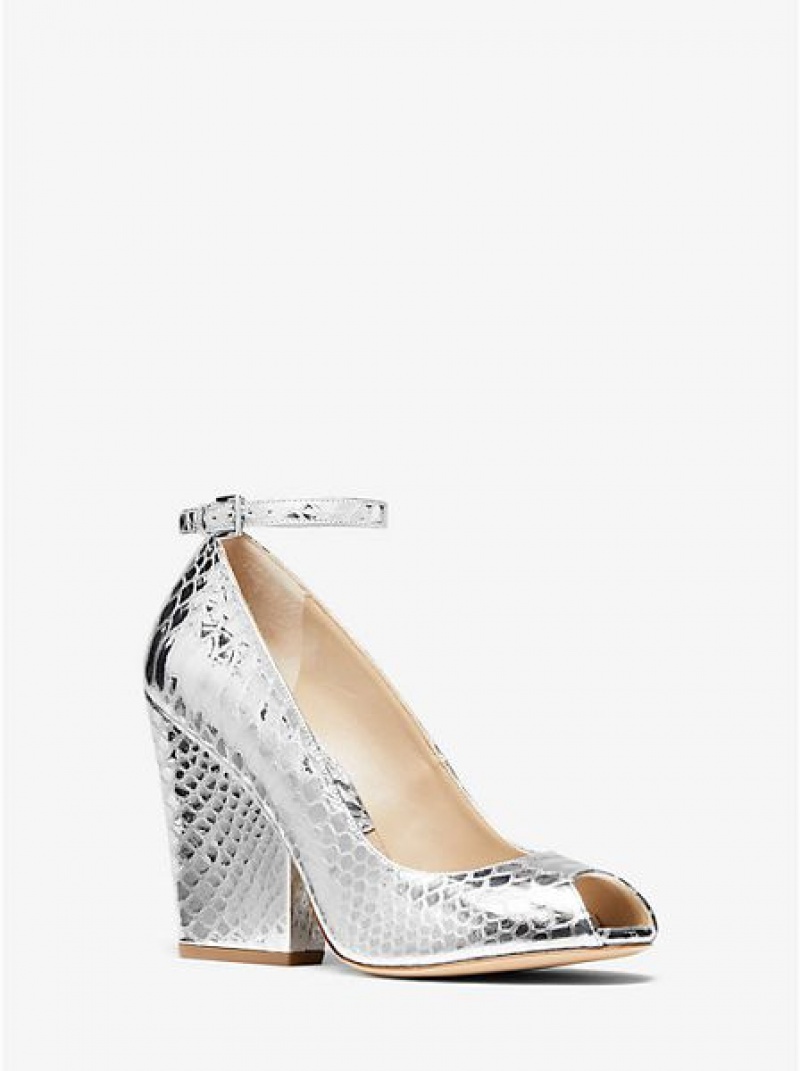 Tacones Michael Kors Julianne Metallic Python-embossed Cuero Peep-toe Mujer Plateadas | 481205-UMZ