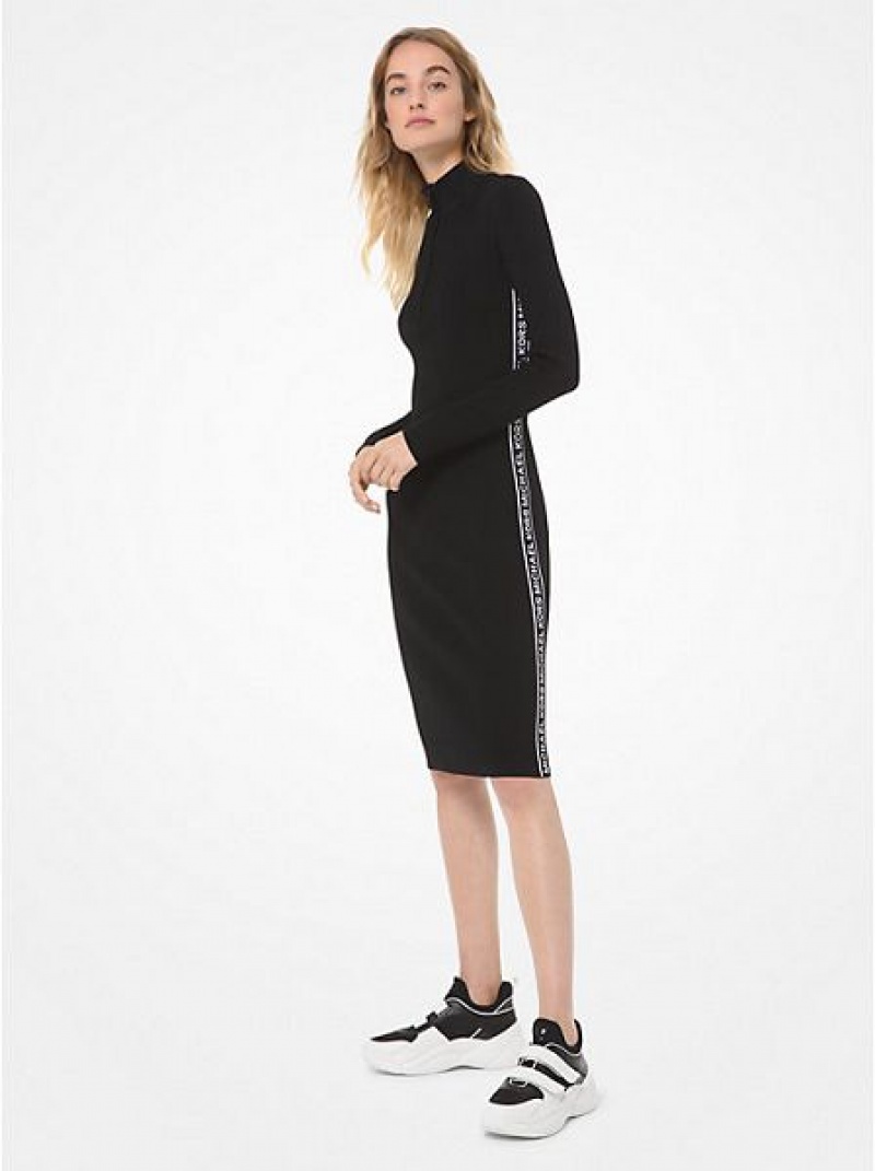 Vestido Michael Kors Logo Tape Acanalado Knit Zip Mujer Negras | 085762-XEH