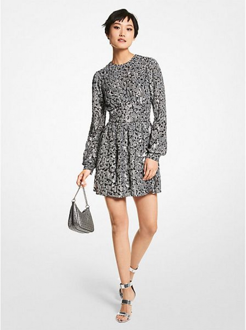 Vestido Michael Kors Sequined Leopard Print Georgette Mujer Gris | 134720-CAE