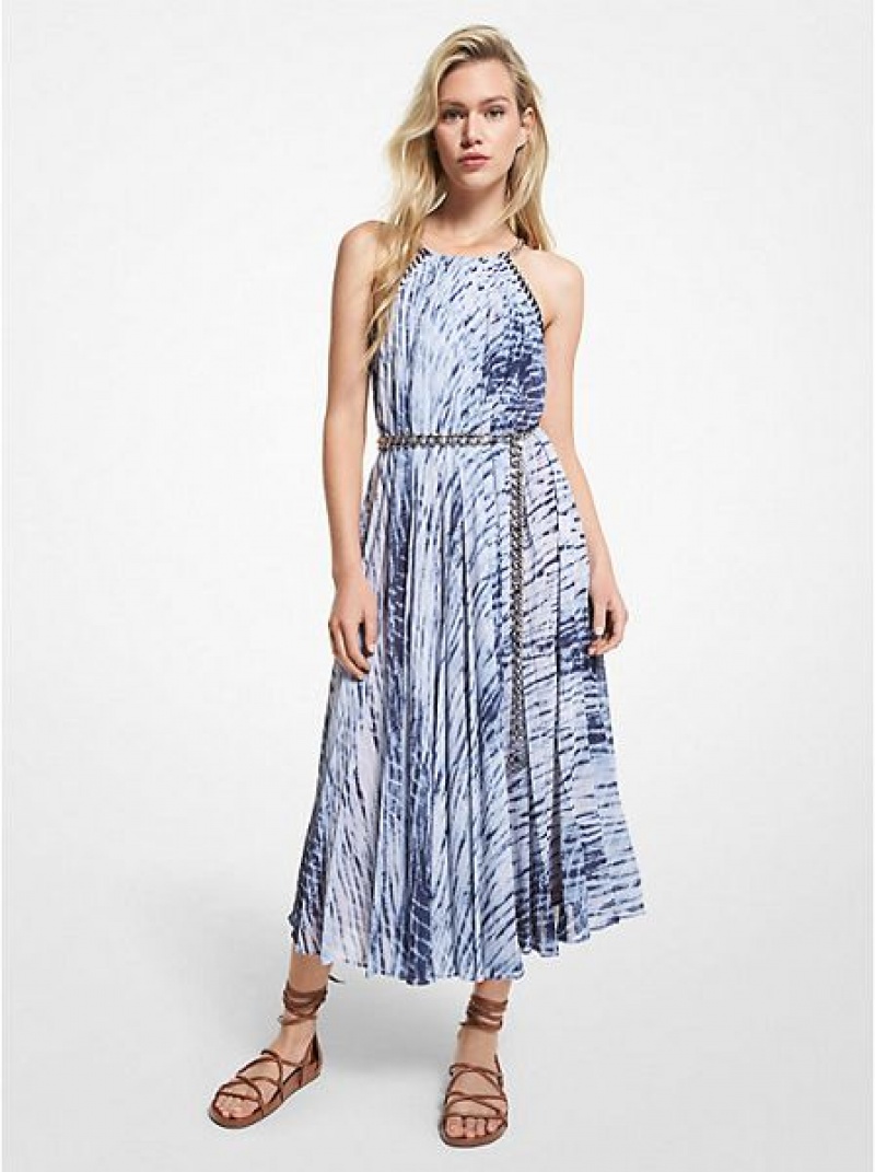 Vestido Michael Kors Tie Dye Georgette Halter Mujer Azul Marino Blancas | 064815-YBT